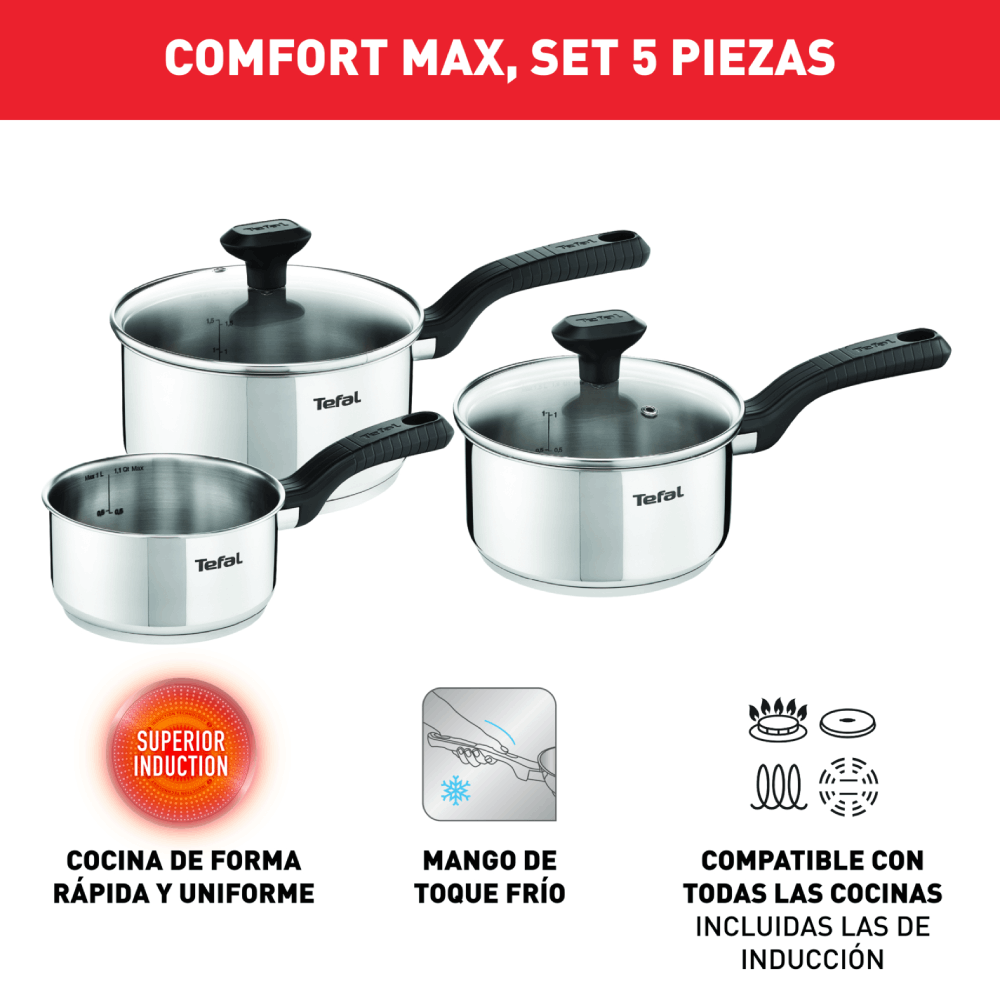 Set de Ollas Acero Inoxidable 5 Piezas Comfort Max Tefal
